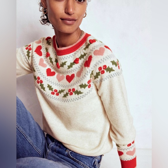 Boden Sweaters - Boden Edie Fair Isle Hearts Wool Blend Jumper, Oatmeal